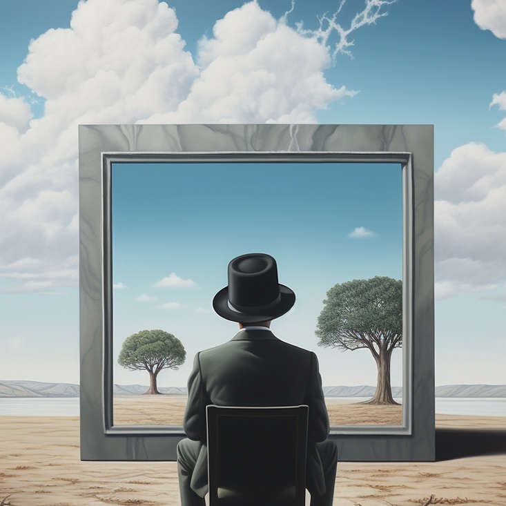 Midjourney generated image using Magritte and Bluesky&10;standing man with a hat in front of a frame window opening to a blue sky and two threes