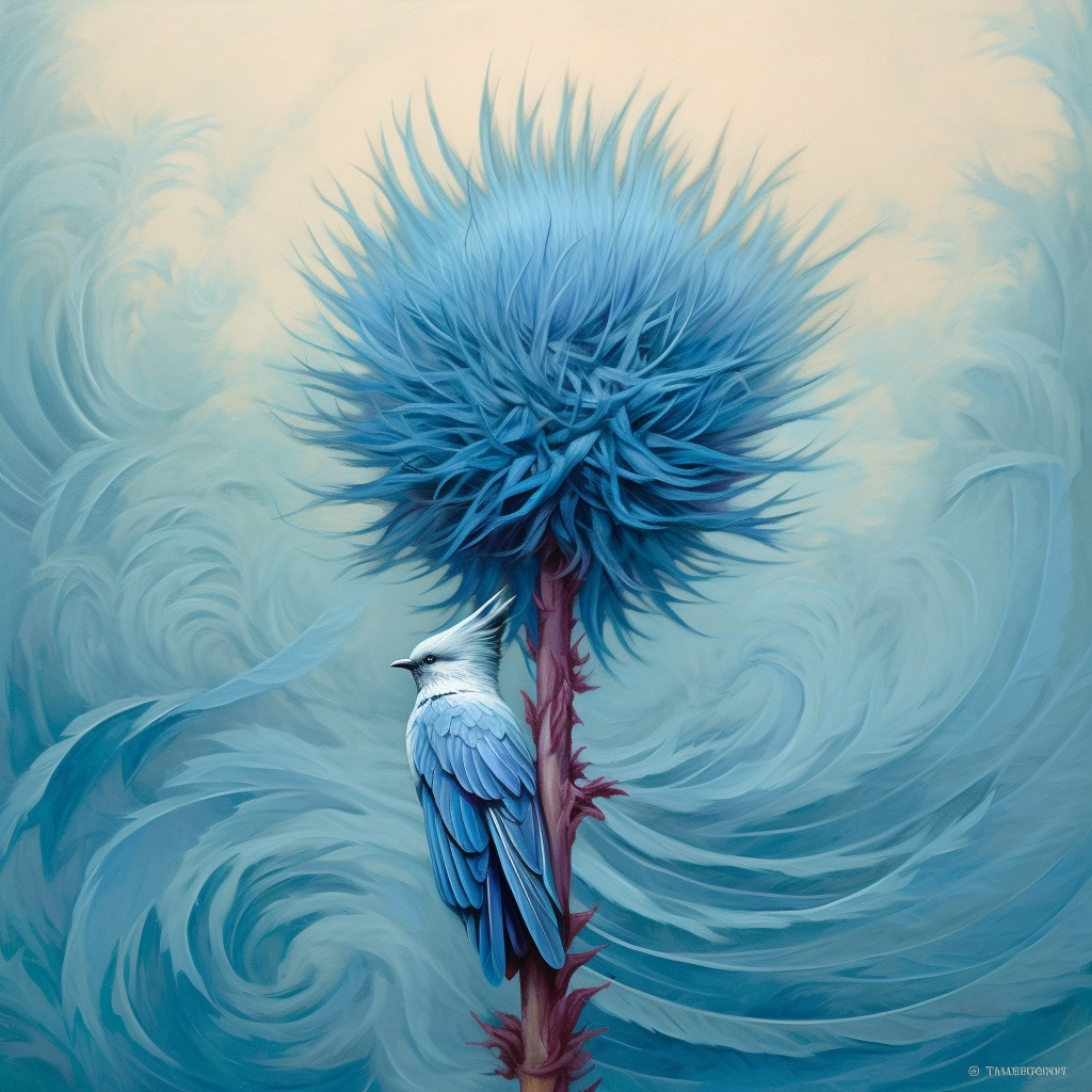 Midjourney generated image of a blue bird standing on a gigangic blue thistle on a soft blue background 