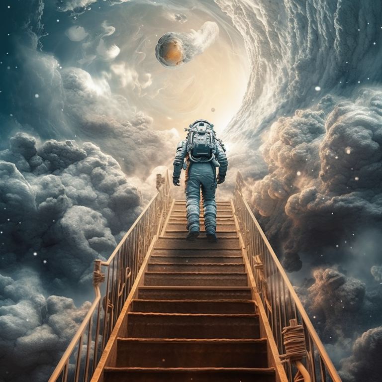 Un astronautre grimpe des escaliers vers le ciel !