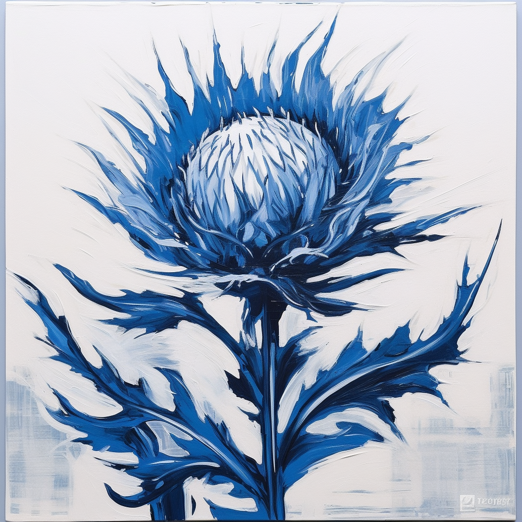 A stylized, blue-toned illustration of a thistle flower with sharp, angular leaves and petals.